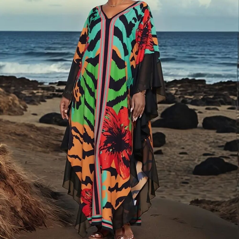 Floral and Jungle Print Ruffled Hem Beach Coverup